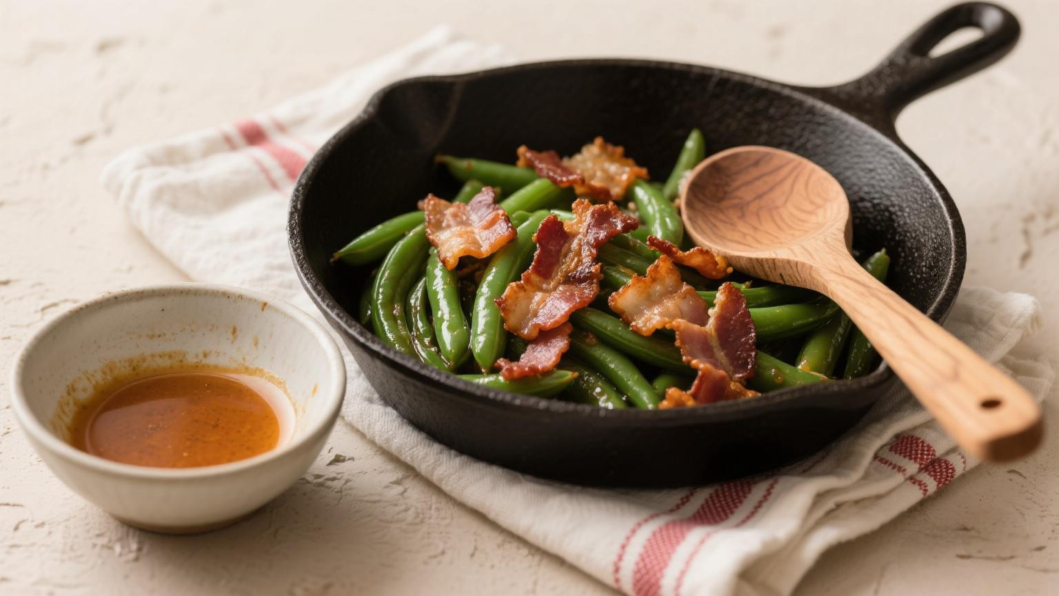 The recipe combines green beans and bacon with garlic, onions, brown sugar, and a bourbon splash. Preparing green beans on the stovetop provides a fast method for cooking vegetables, with the process taking only 20 minutes for optimal results. This dish functions as a straightforward green bean side option for Thanksgiving, Christmas, or other holiday meals.
