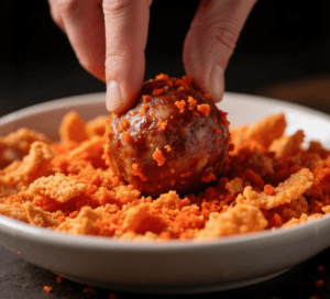 Press firmly into the Hot Cheetos and panko mix until fully coated.