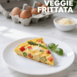 Do you have a bunch of veggies in the fridge? Make a delicious and colorful vegetable frittata with farm fresh eggs and a sprinkle of parmesan cheese as a low-carb breakfast option.