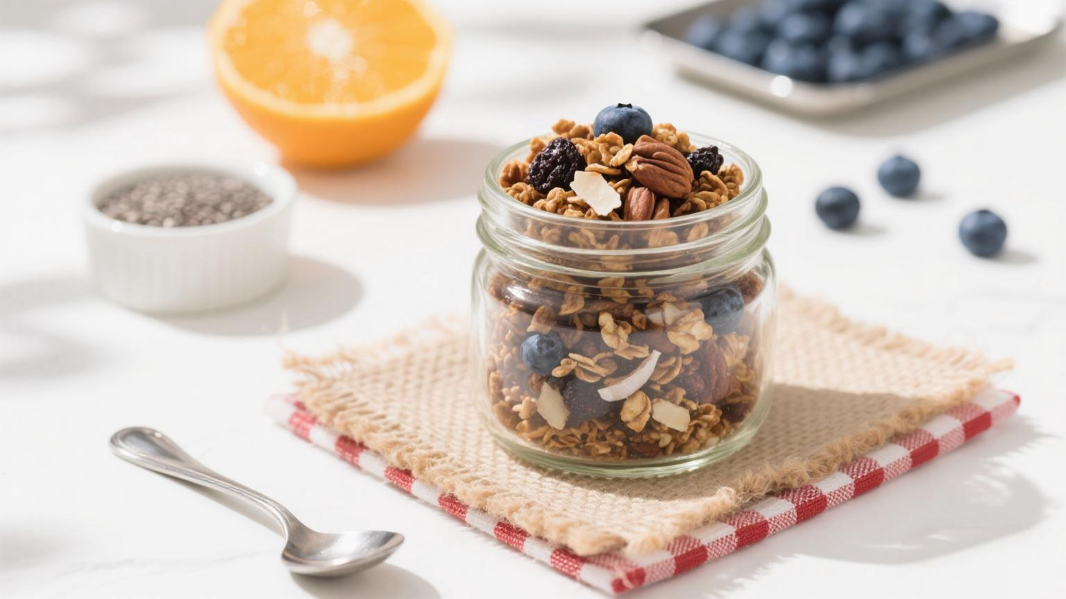 This healthy granola recipe uses dried blueberries, oats, and orange zest. Honey sweetens it and adds the sweetness and crunch.