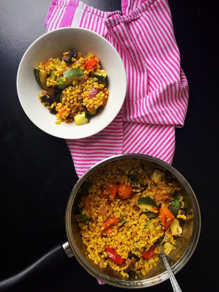 {Vegan} Turmeric Farro with Roasted Summer Vegetables – Whisk & Shout